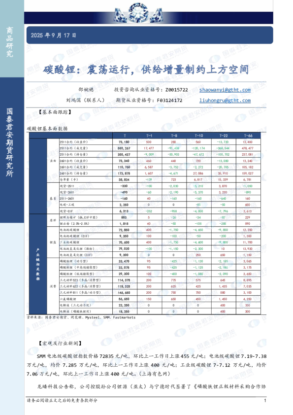 碳酸锂：震荡运行，供给增量制约上方空间