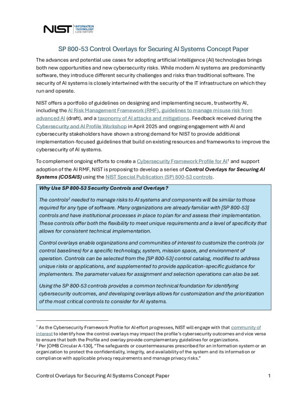 SP 800-53 保护人工智能系统的控制覆盖概念文件