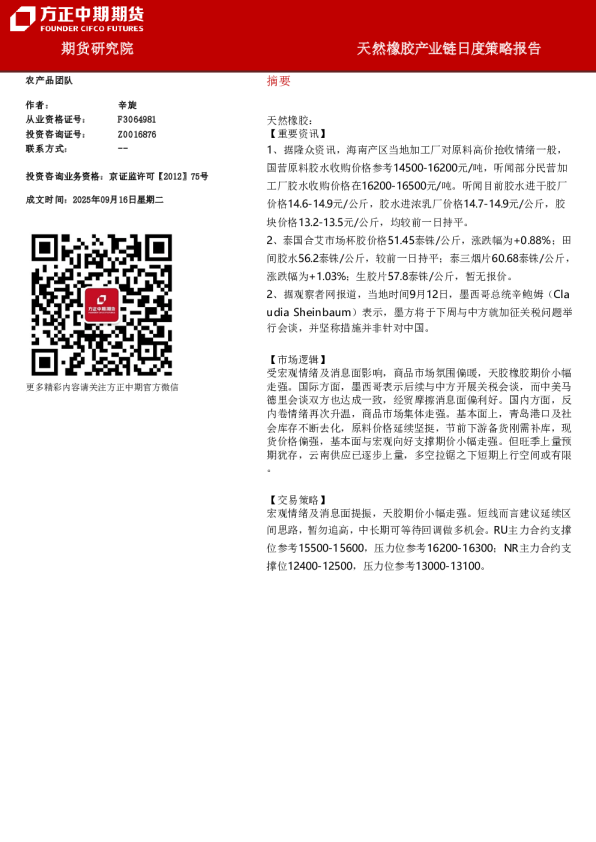 天然橡胶产业链日度策略报告