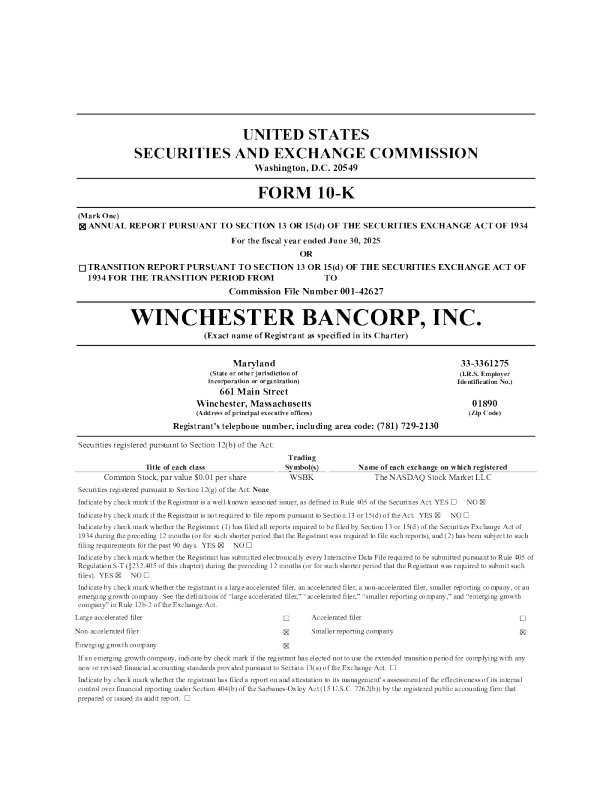 Winchester Bancorp Inc 2024年度报告