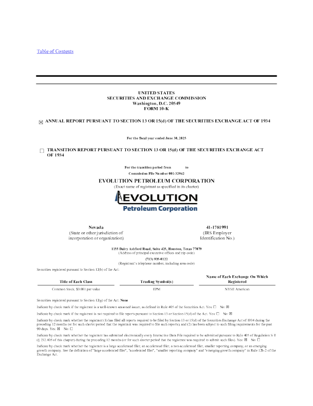 Evolution Petroleum Corp 2024年度报告