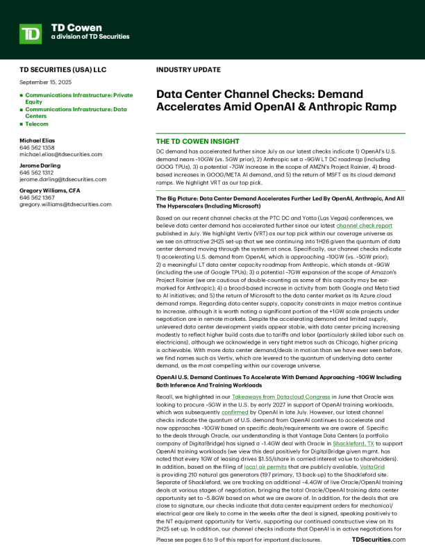 TDCowen-数据中心渠道检查：需求在OpenAI和Anthropic加速增长-20250915【9页】
