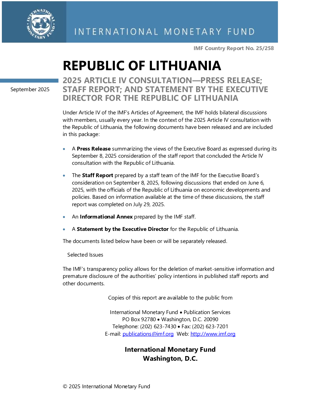 立陶宛共和国：2025年第四条磋商新闻稿；员工报告；立陶宛共和国执行主任的发言
