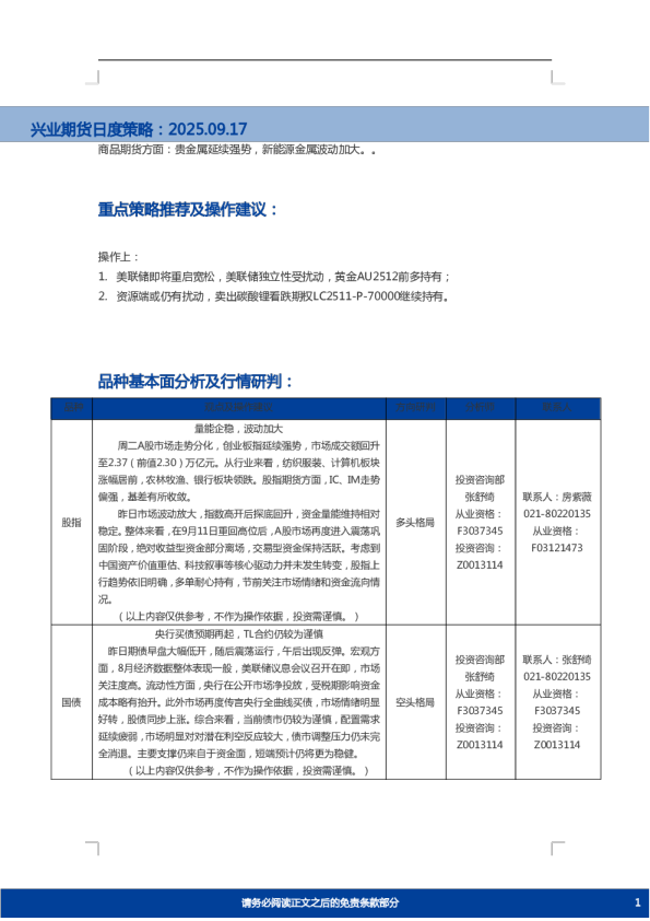 兴业期货日度策略