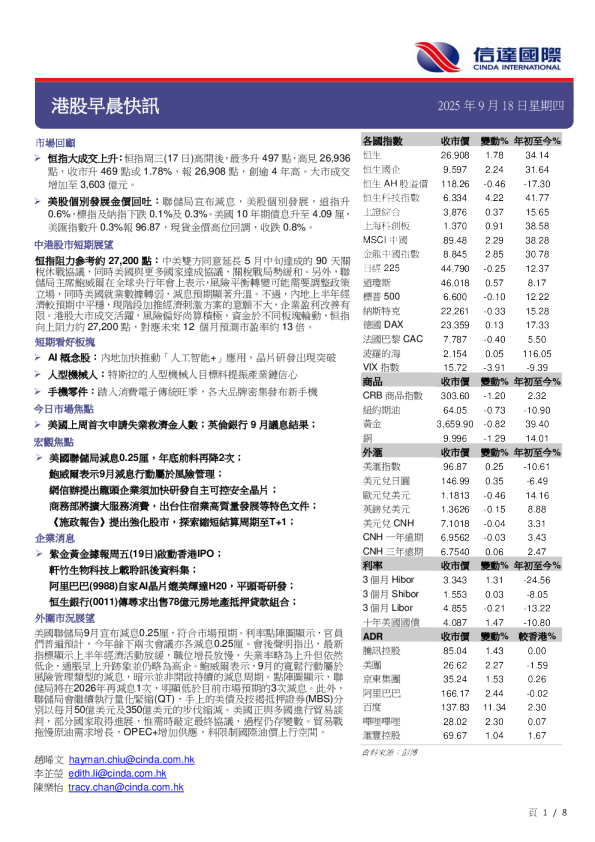 信达国际控股港股晨报