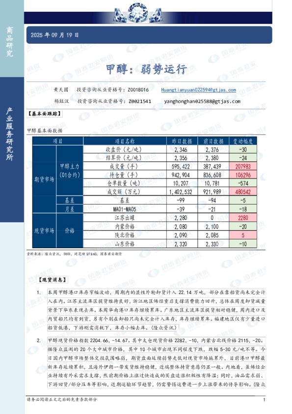 甲醇：弱势运行