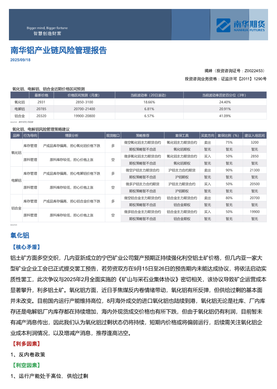 南华期货氧化铝、电解铝、铝合金近期价格区间预测