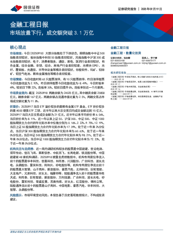 金融工程日报：市场放量下行，成交额突破3.1万亿