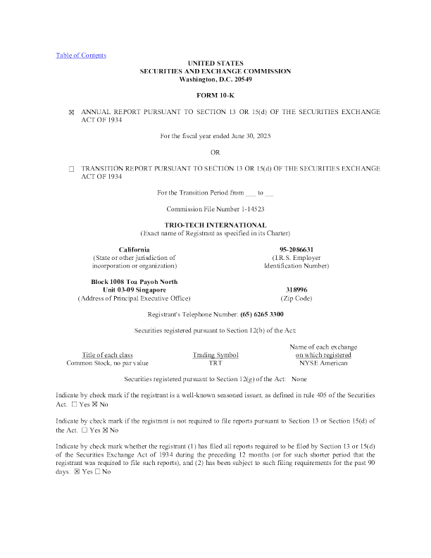 Trio-Tech International 2024年度报告