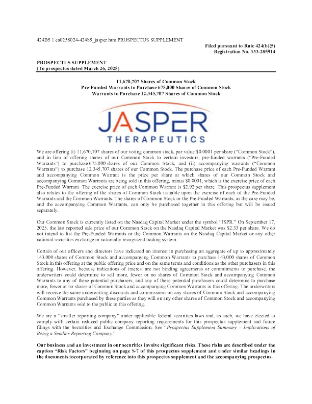 Jasper Therapeutics Inc-A美股招股说明书(2025-09-19版)
