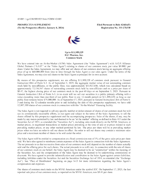 IGC Pharma Inc美股招股说明书(2025-09-19版)