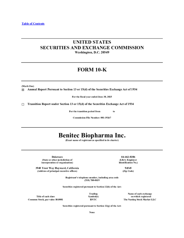 Benitec Biopharma Inc 2024年度报告