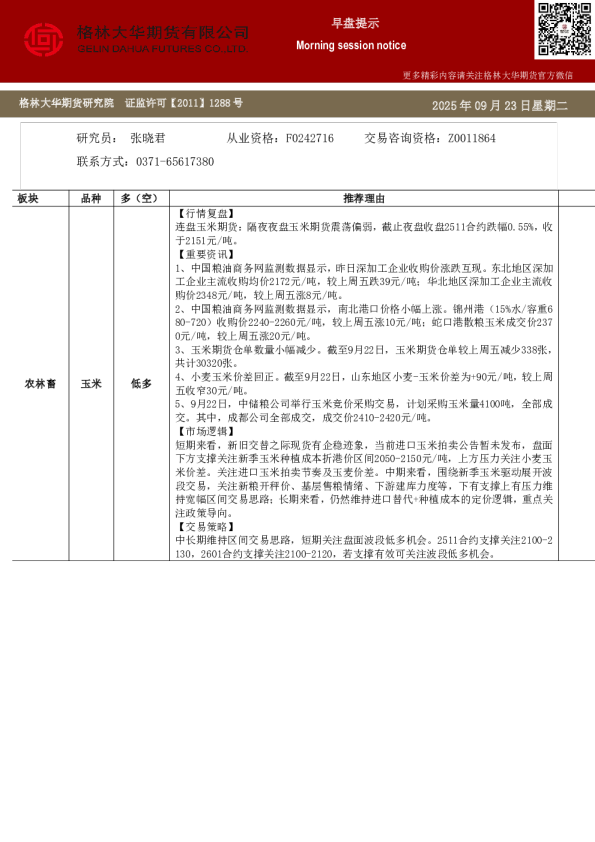 格林大华期市早班车-玉米生猪鸡蛋