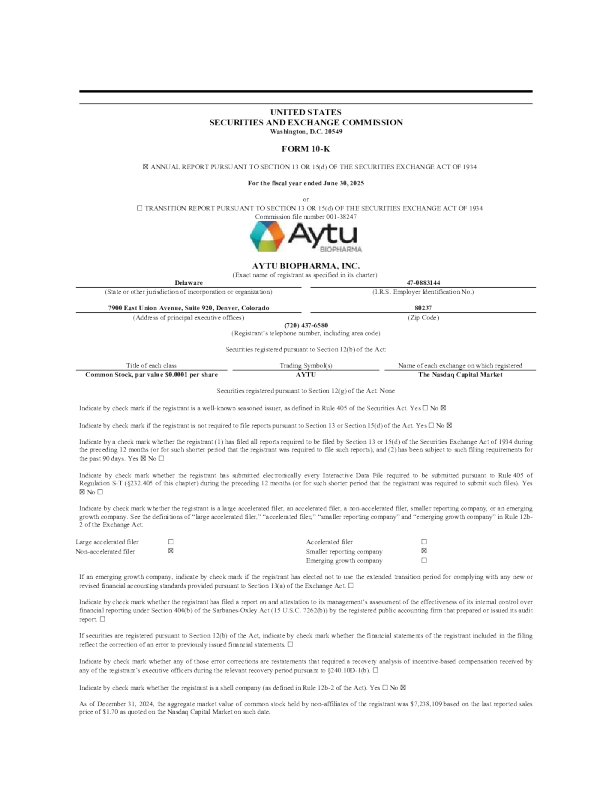 Aytu BioPharma Inc 2024年度报告