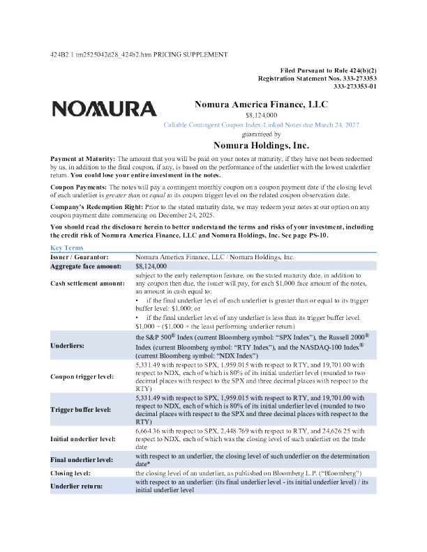 野村控股美股招股说明书(2025-09-23版)