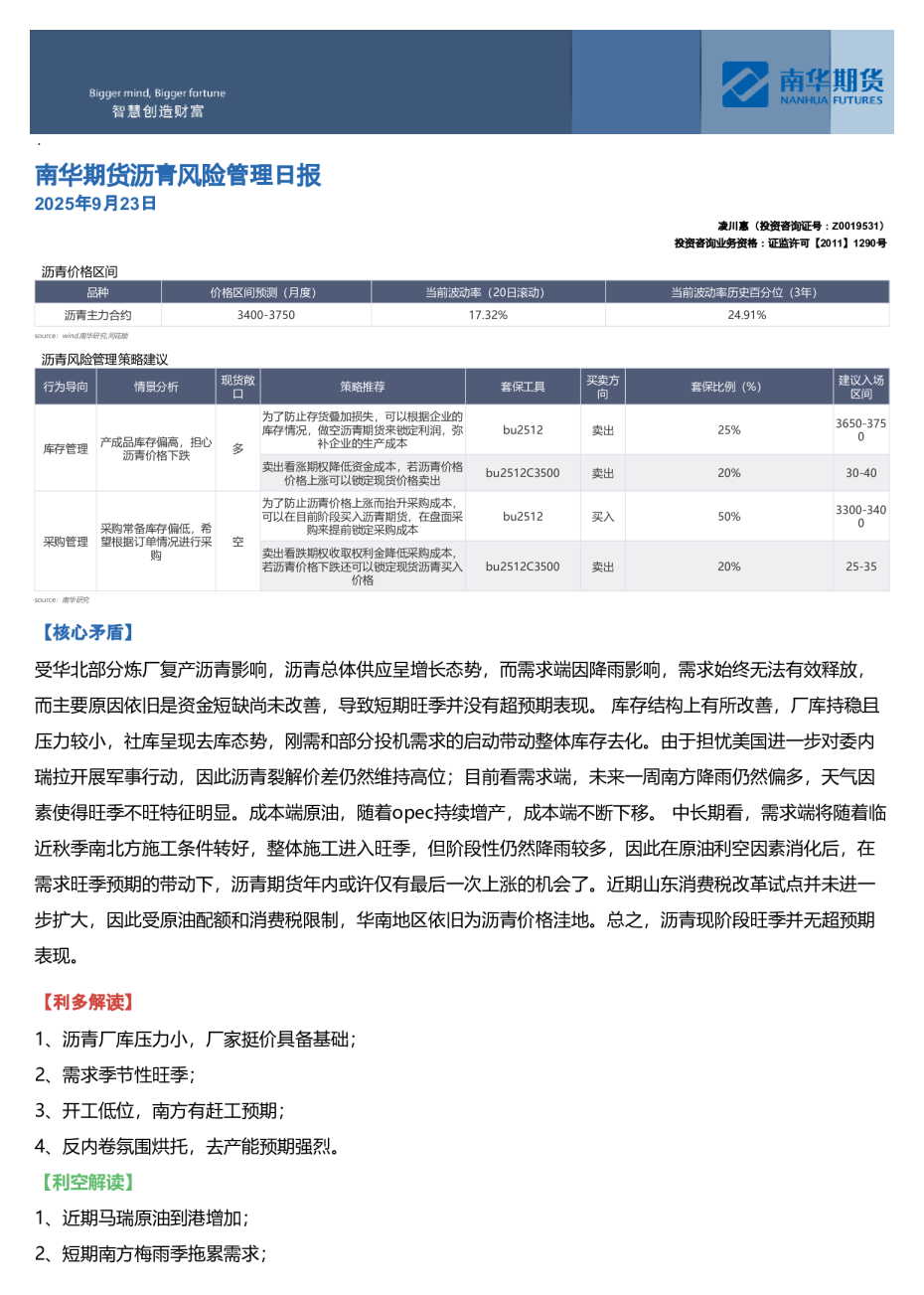 南华期货沥青风险管理日报