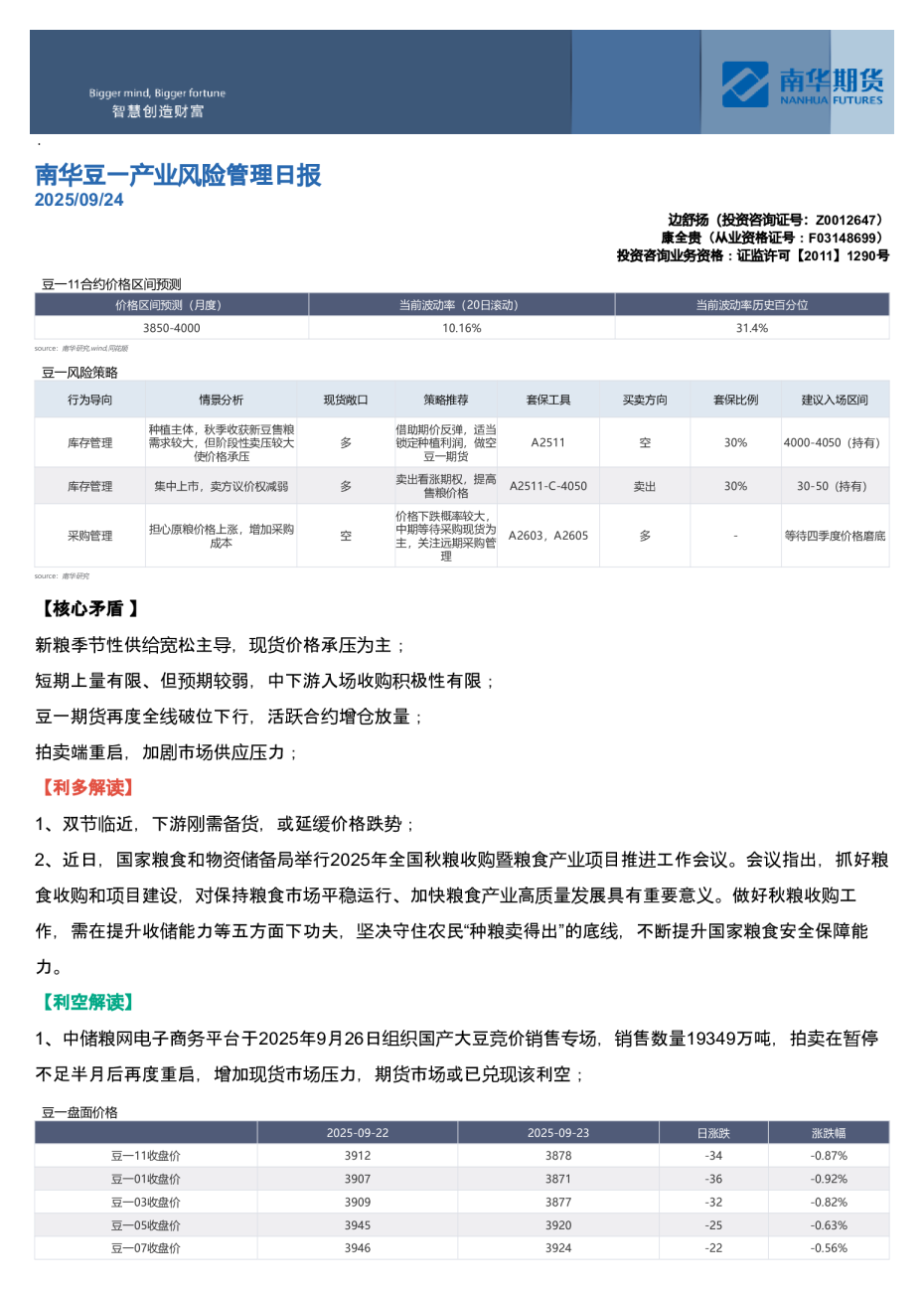 南华豆产业风险管理日报：南华豆