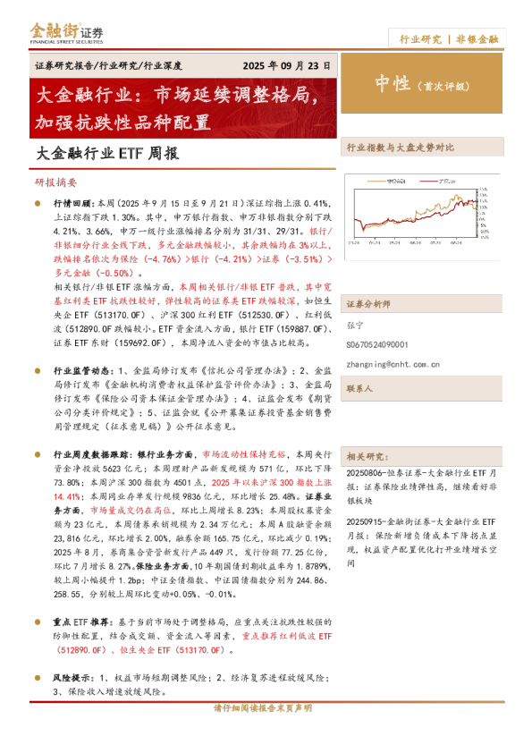 大金融行业ETF周报：市场延续调整格局，加强抗跌性品种配置