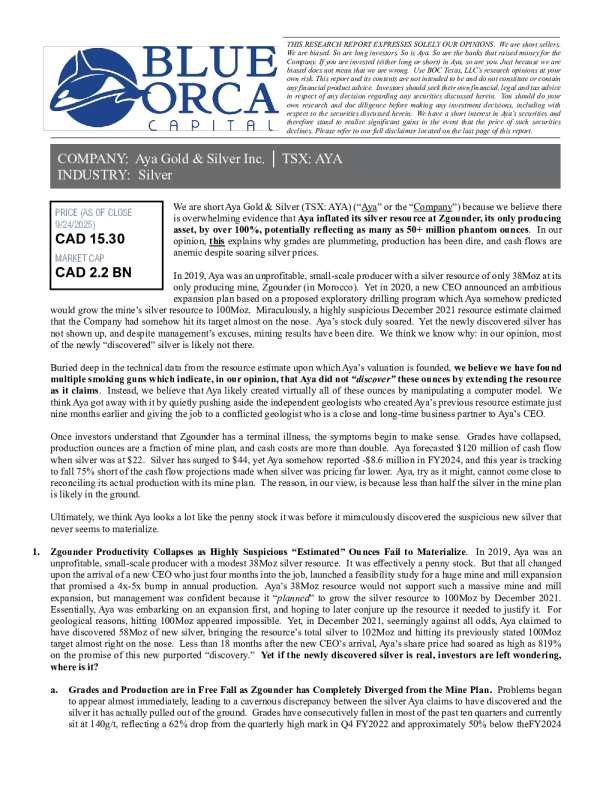 蓝鲸资本看空Aya报告