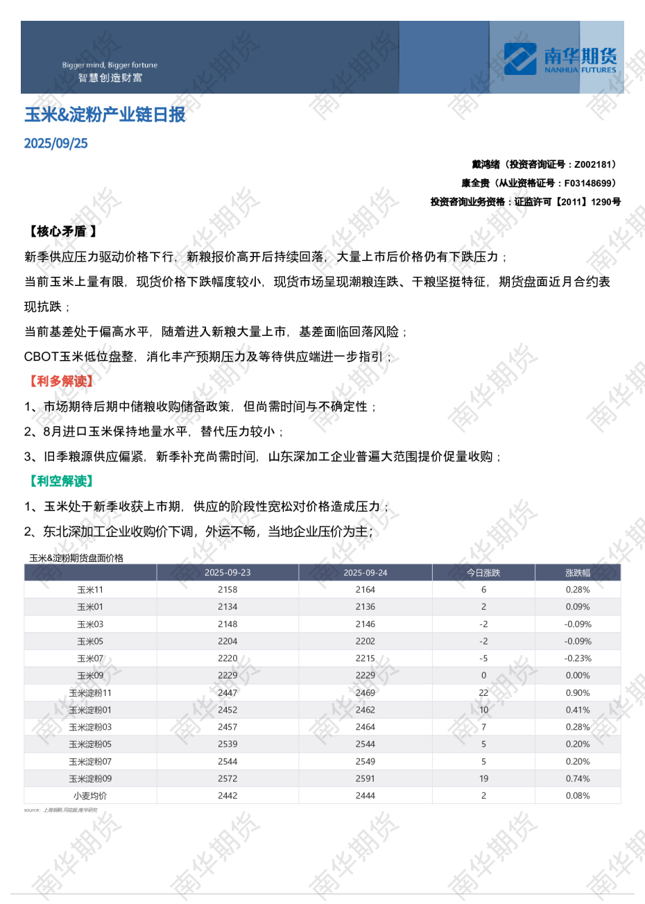南华期货玉米&淀粉日报：近月偏强运行20250925