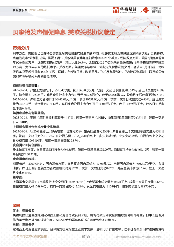 贵金属日报:贝森特发声催促降息 美欧关税协议敲定