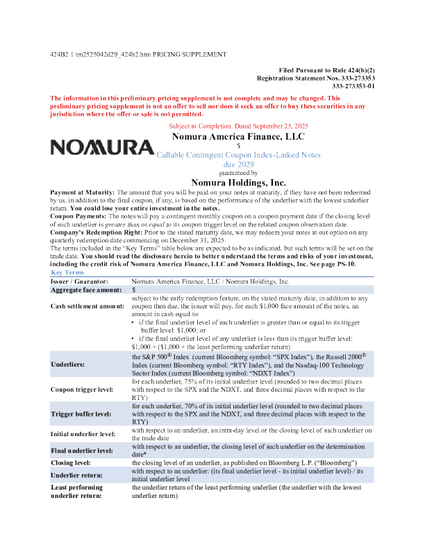 野村控股美股招股说明书(2025-09-25版)
