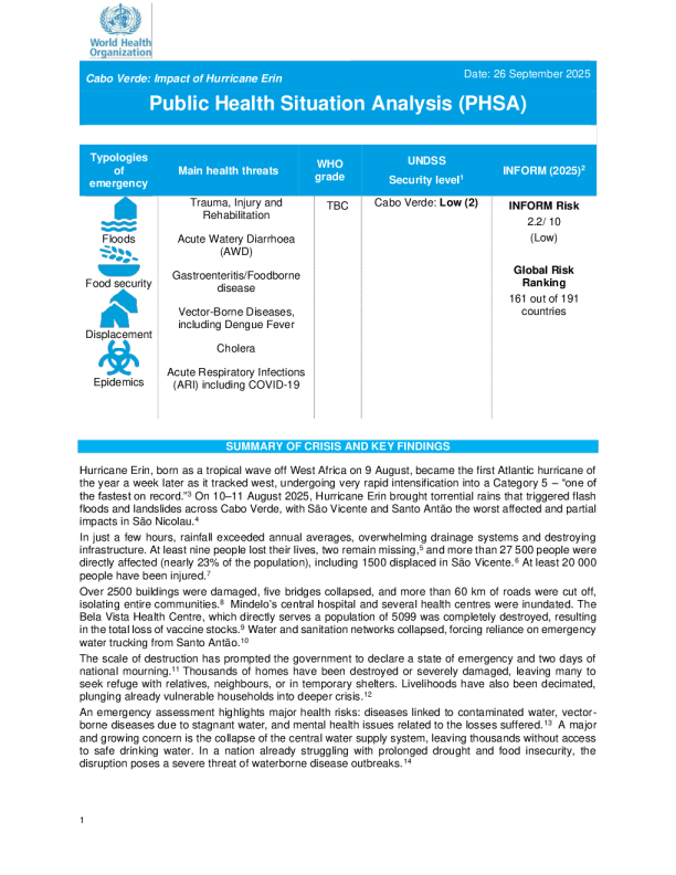 佛得角飓风艾琳公共卫生形势分析
