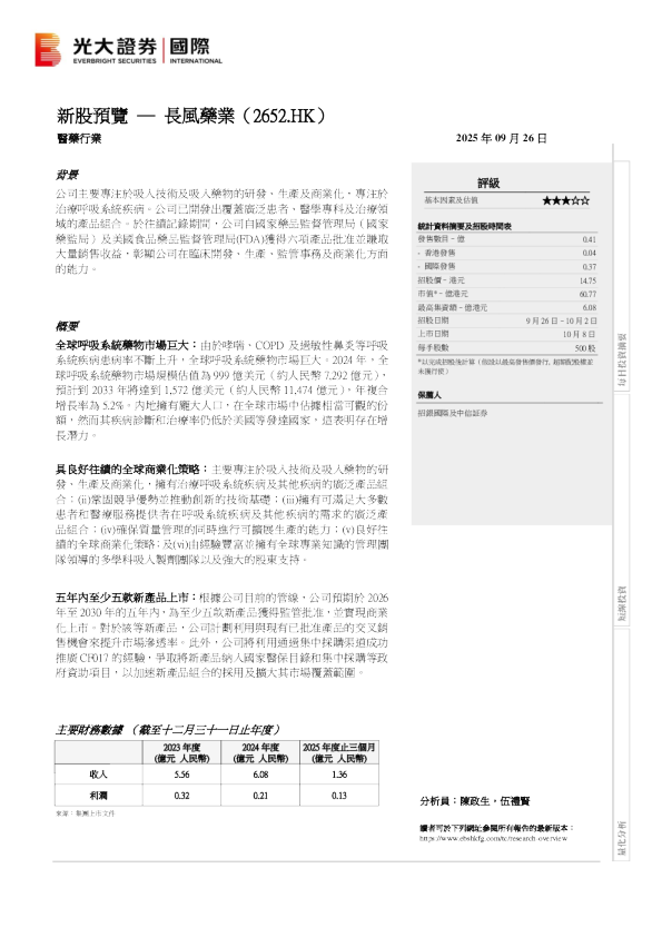 新股预览:长风药业