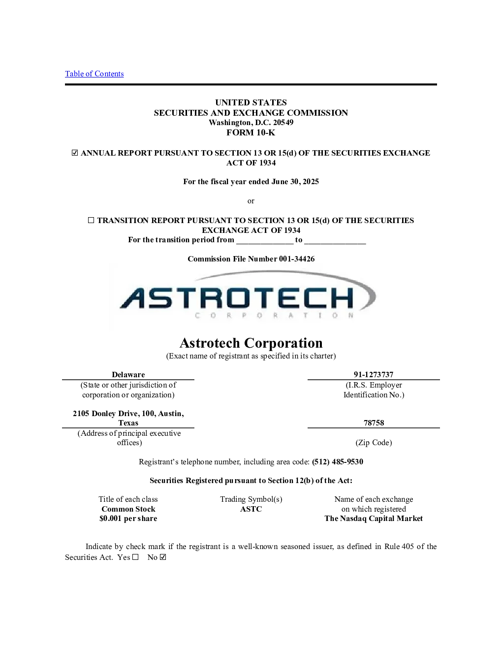 Astrotech：2024年度报告