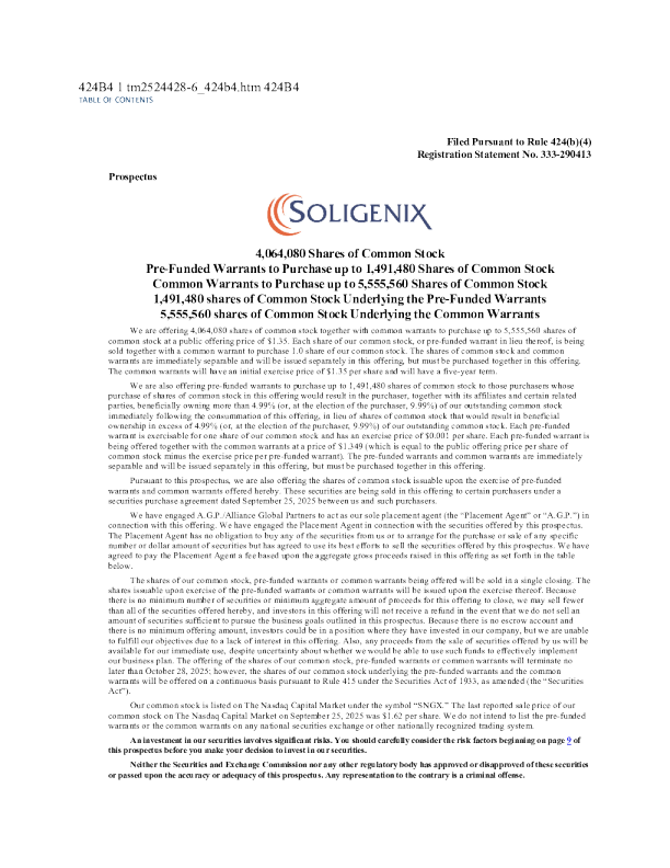 Soligenix Inc美股招股说明书(2025-09-26版)