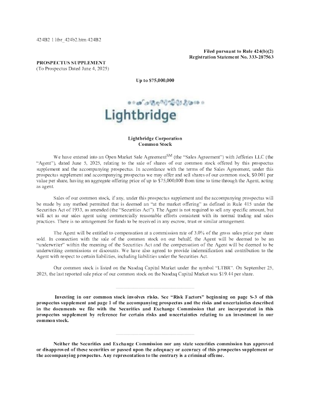 Lightbridge Corp美股招股说明书(2025-09-26版)