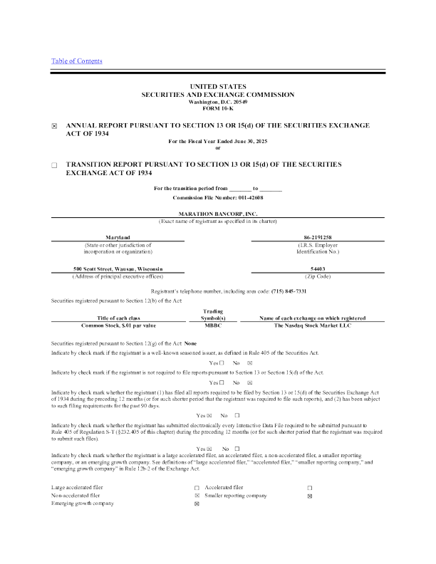 Marathon Bancorp：2024年度报告