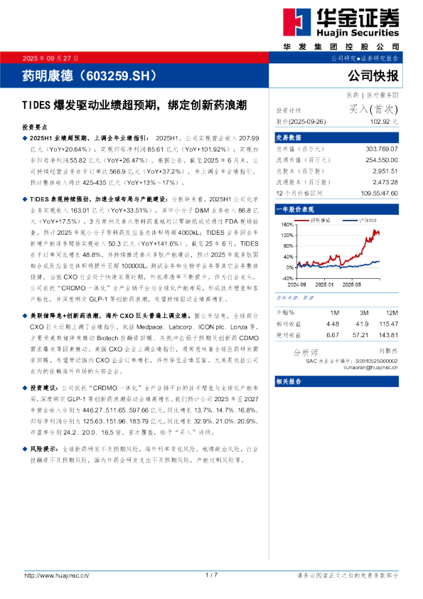 TIDES爆发驱动业绩超预期，绑定创新药浪潮