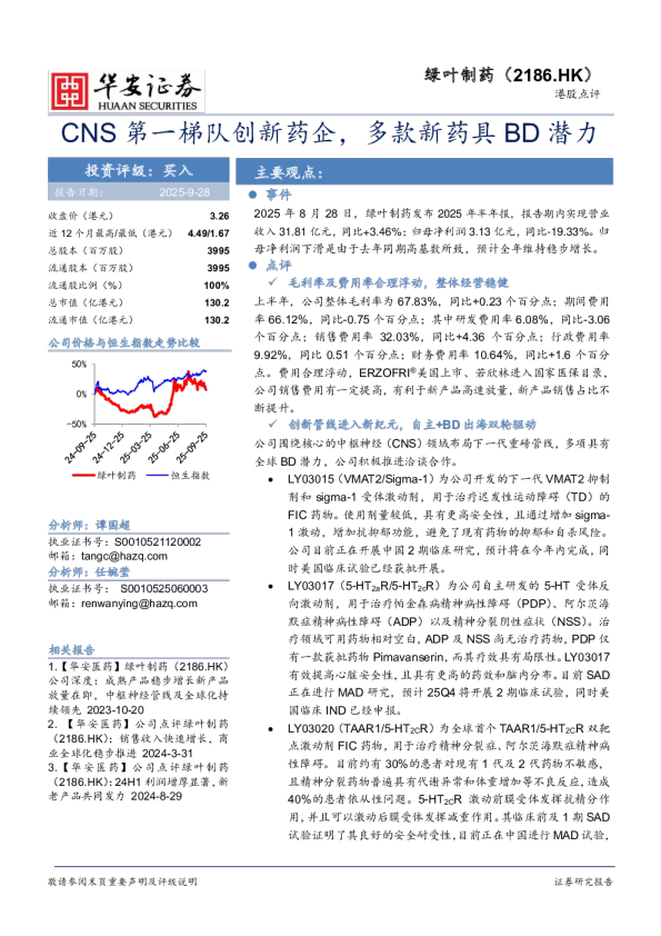 CNS第一梯队创新药企，多款新药具BD潜力