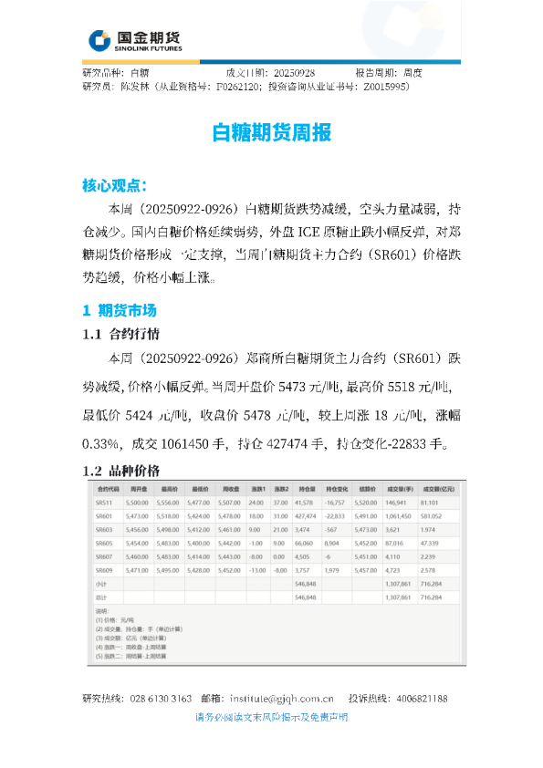 白糖期货周报