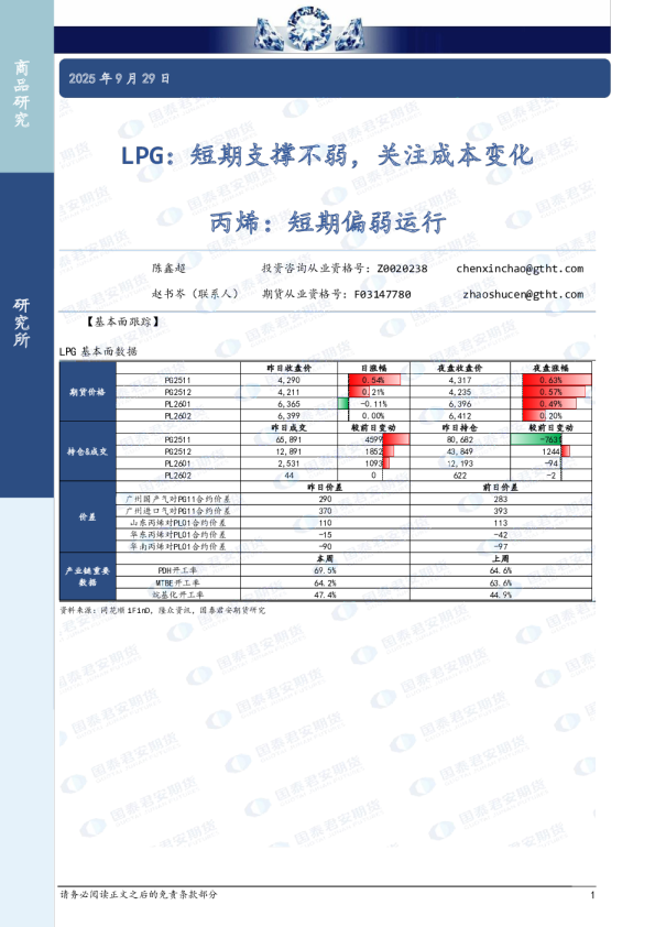 LPG：短期支撑不弱，关注成本变化 丙烯：短期偏弱运行