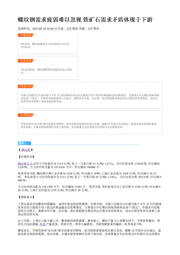 螺纹钢需求疲弱难以忽视 铁矿石需求矛盾体现于下游