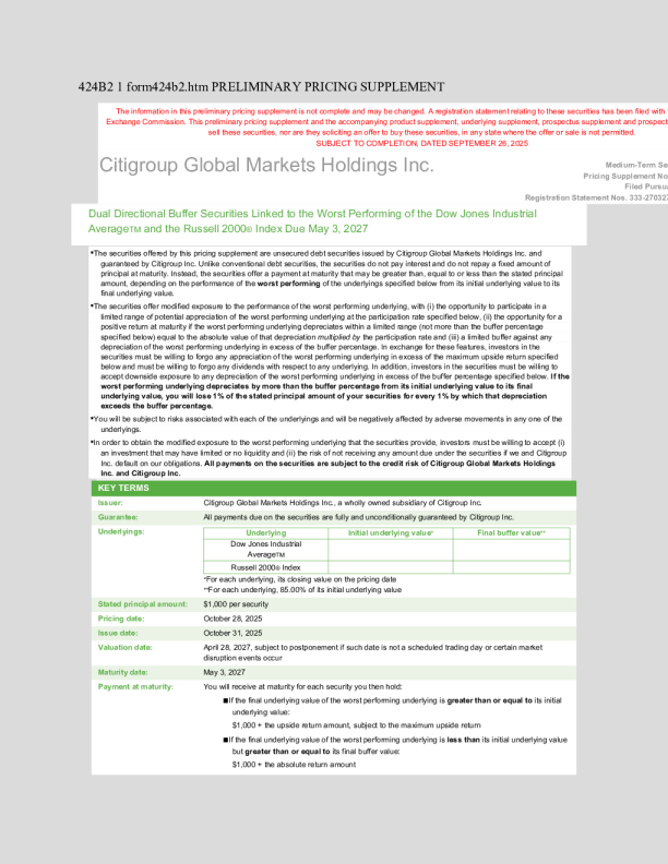 花旗集团美股招股说明书(2025-09-29版)