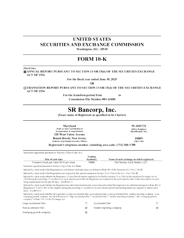 SR Bancorp Inc 2024年度报告