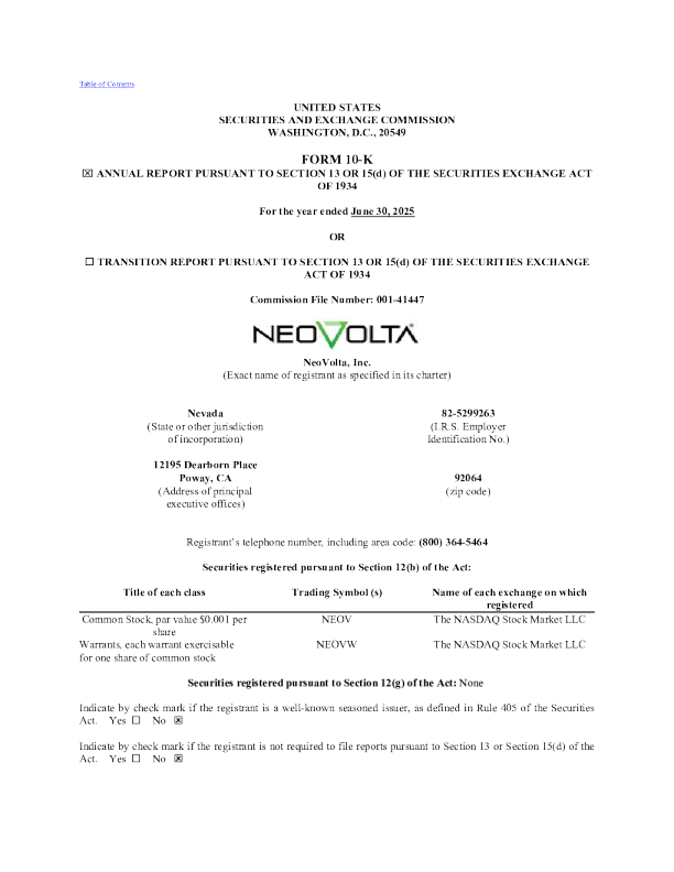NeoVolta Inc 2024年度报告