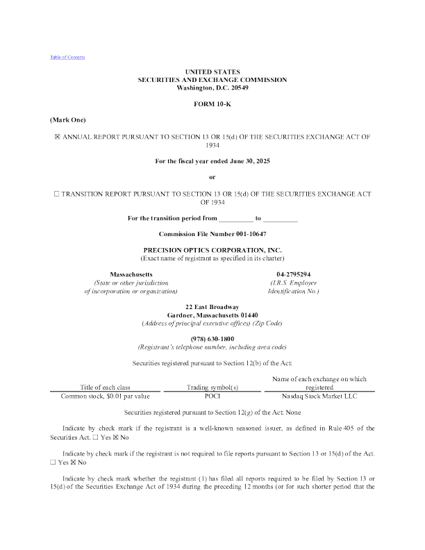 Precision Optics Corp Inc 2024年度报告