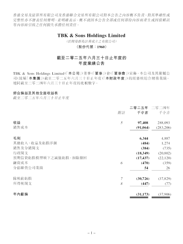 TBKS HLDGS：截至二零二五年六月三十日止年度的年度业绩公告