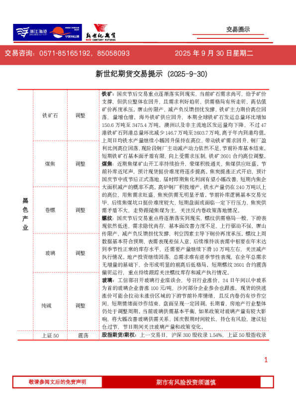 新世纪期货交易提示（2025-9-30）