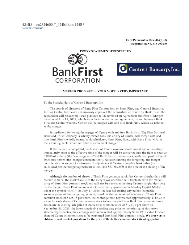 Bank First Corp美股招股说明书(2025-09-30版)