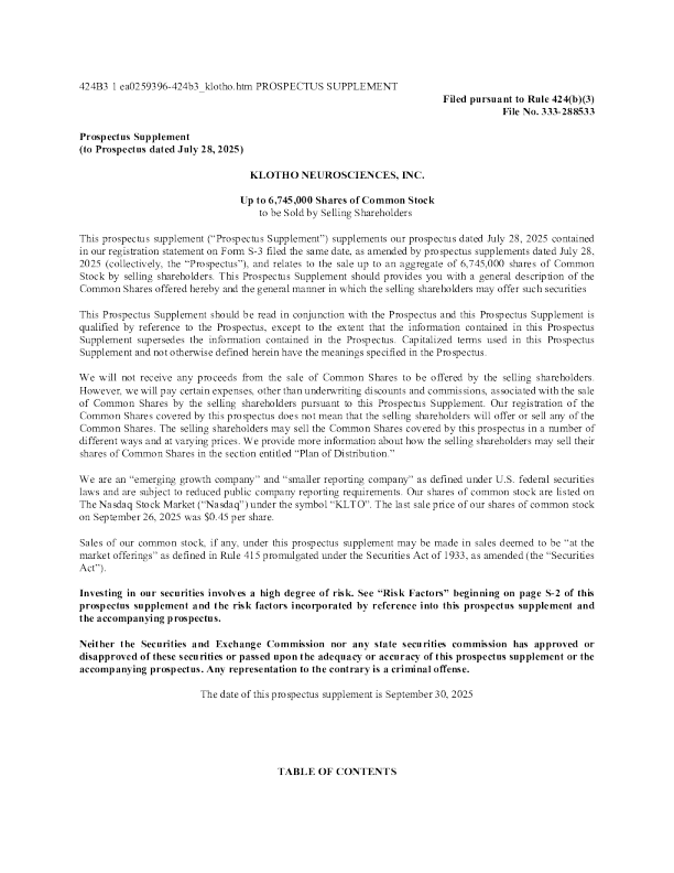 Klotho Neurosciences Inc美股招股说明书(2025-09-30版)