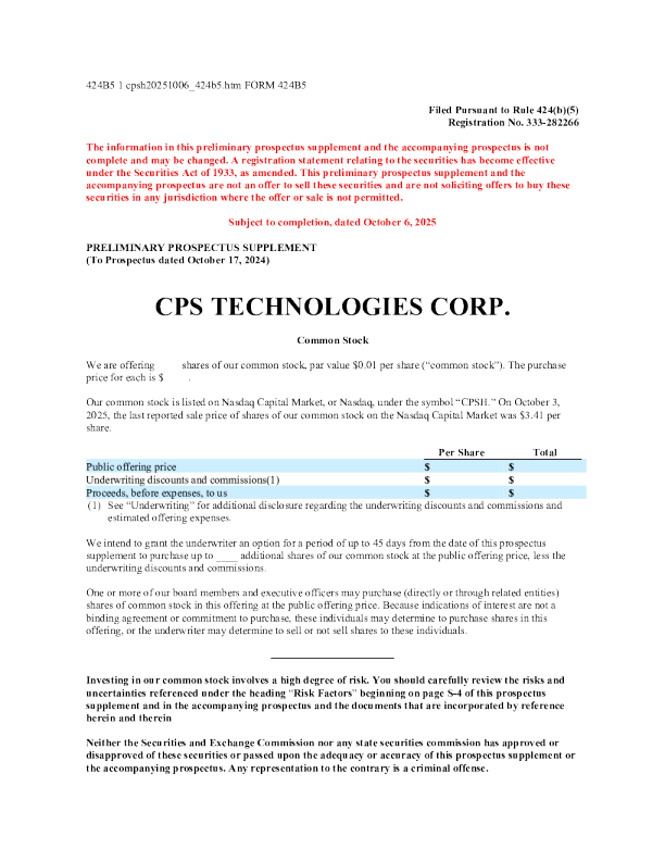 CPS Technologies Corp美股招股说明书(2025-10-06版)