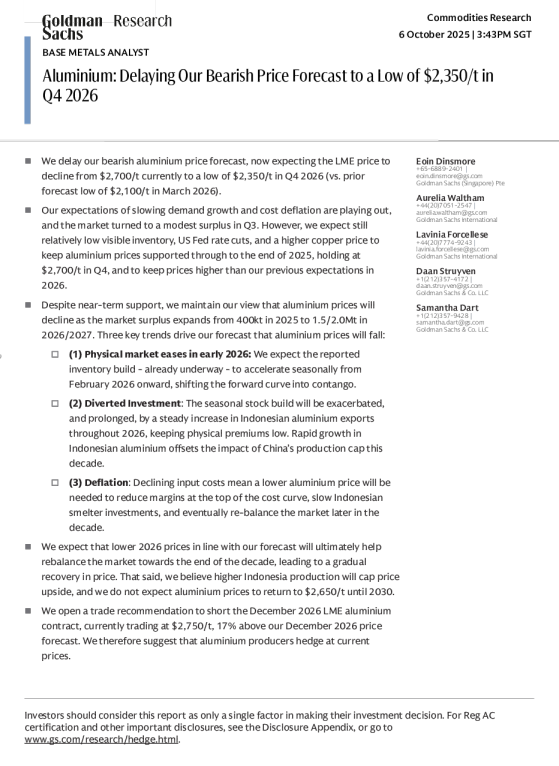 铝：将看跌价格预测推迟至2026年第四季度低至2350美元/吨
