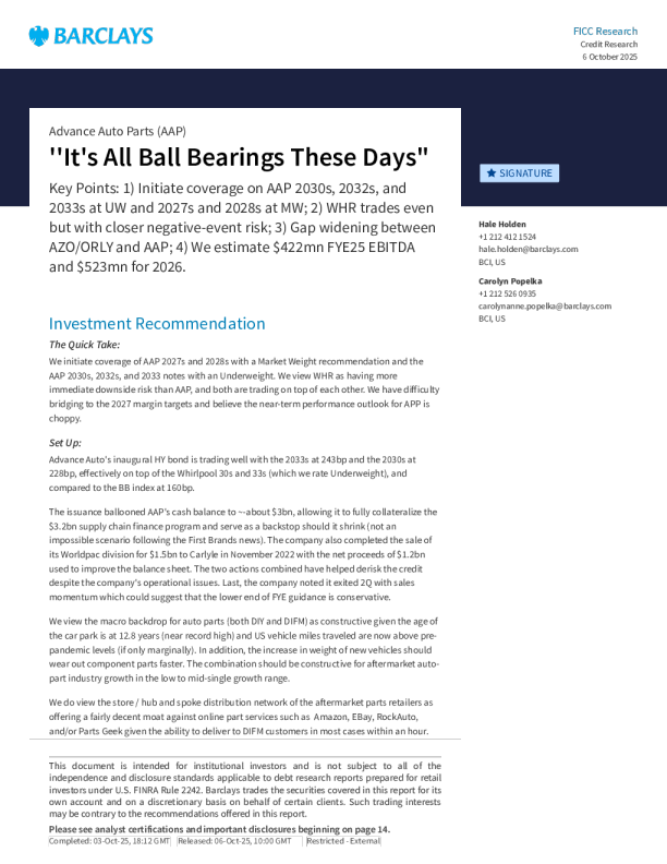 先进汽车配件公司（AAP）“如今全是滚珠轴承”