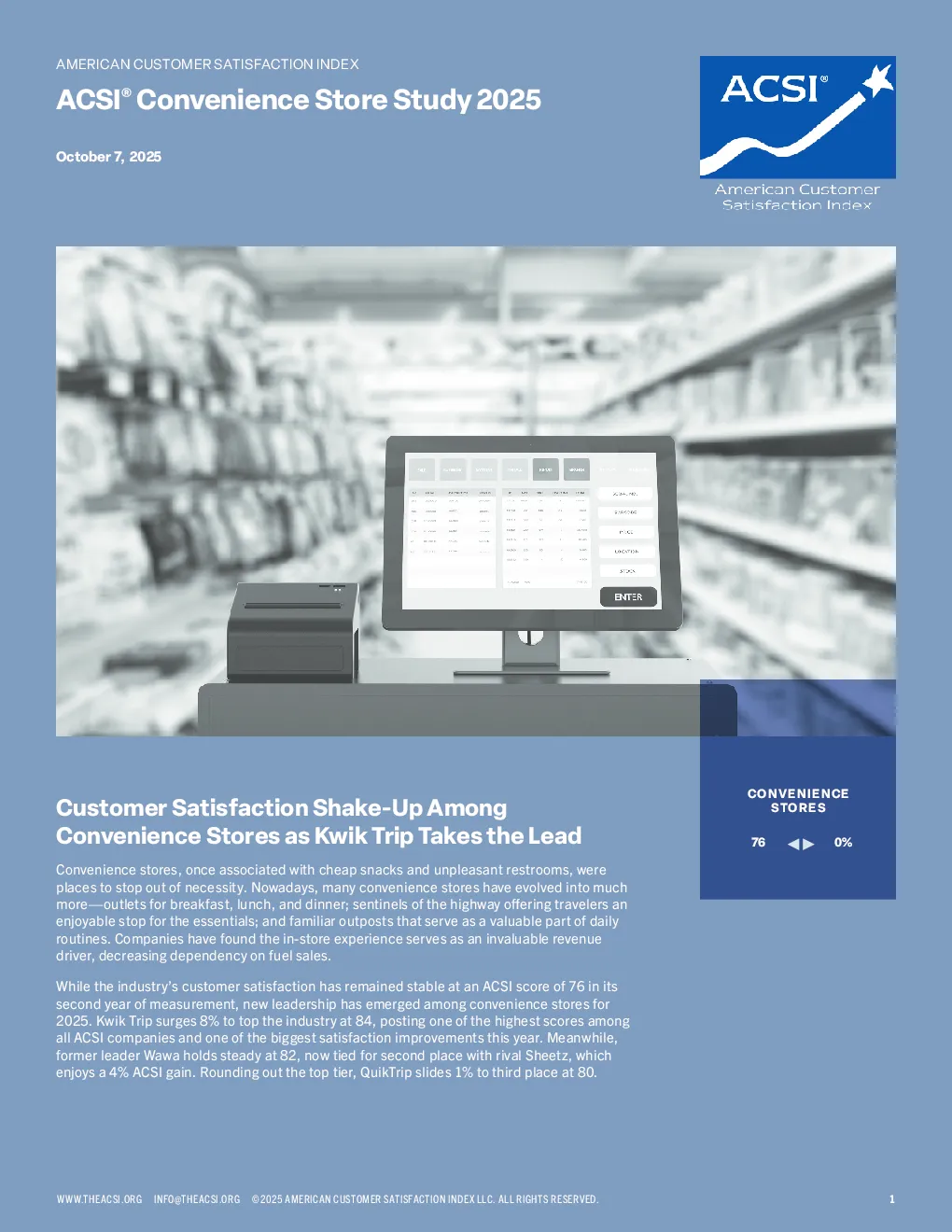 美国客户满意度指数ACSI®2025年便利店研究：便利店客户满意度洗牌，Kwik Trip领跑
