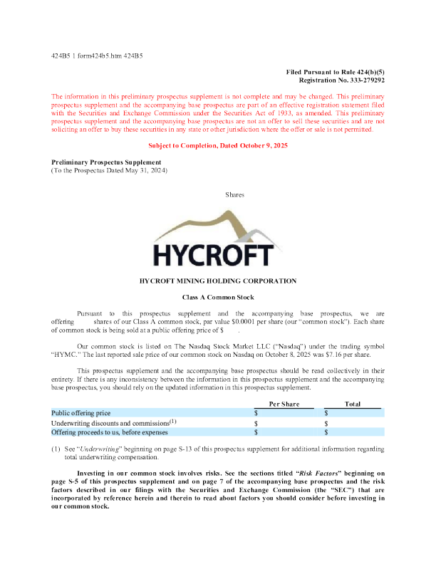 Hycroft Mining：美国存托股票招股说明书(2025-10-09版)